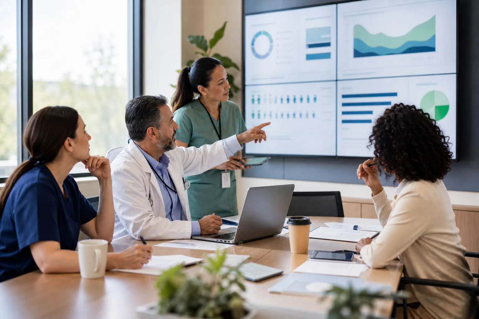 Multidisciplinary healthcare team reviewing population health performance